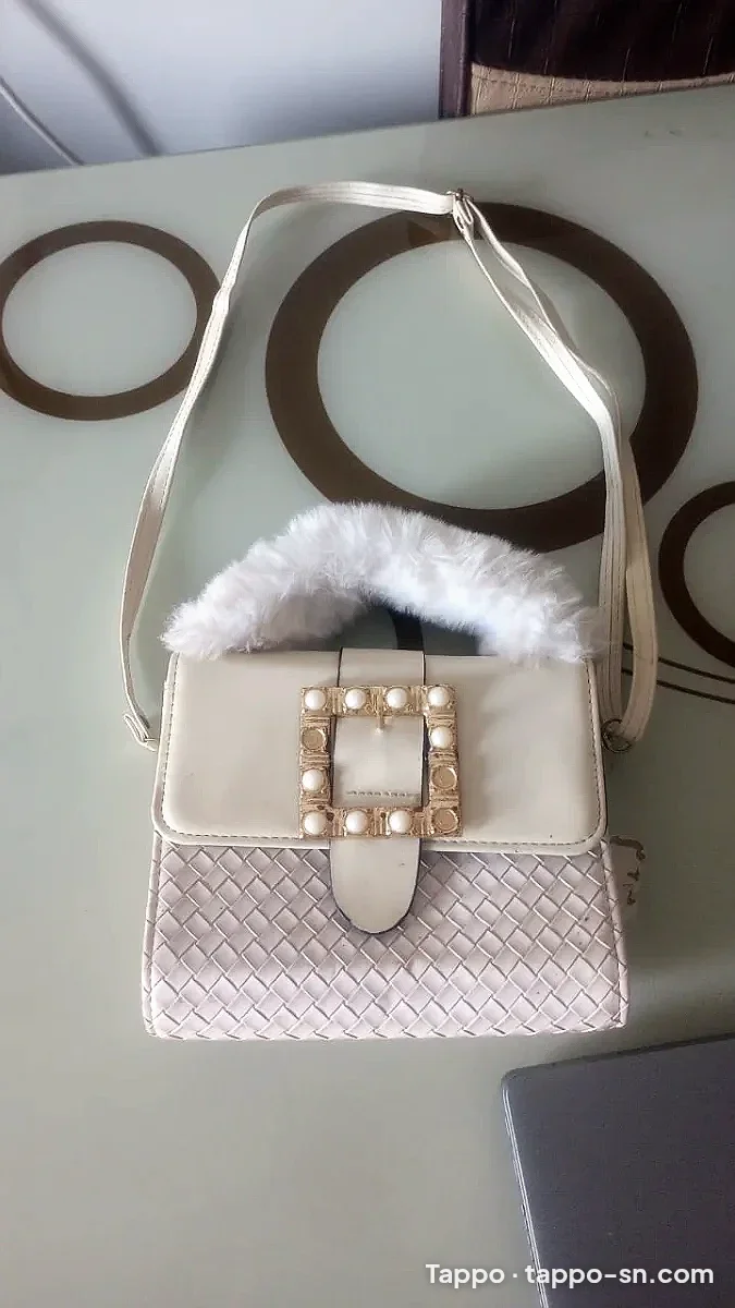 Sac à Main Beige Tressé – Fermoir Perles & Anse en Fourrure à vendre à Dakar – photo 1