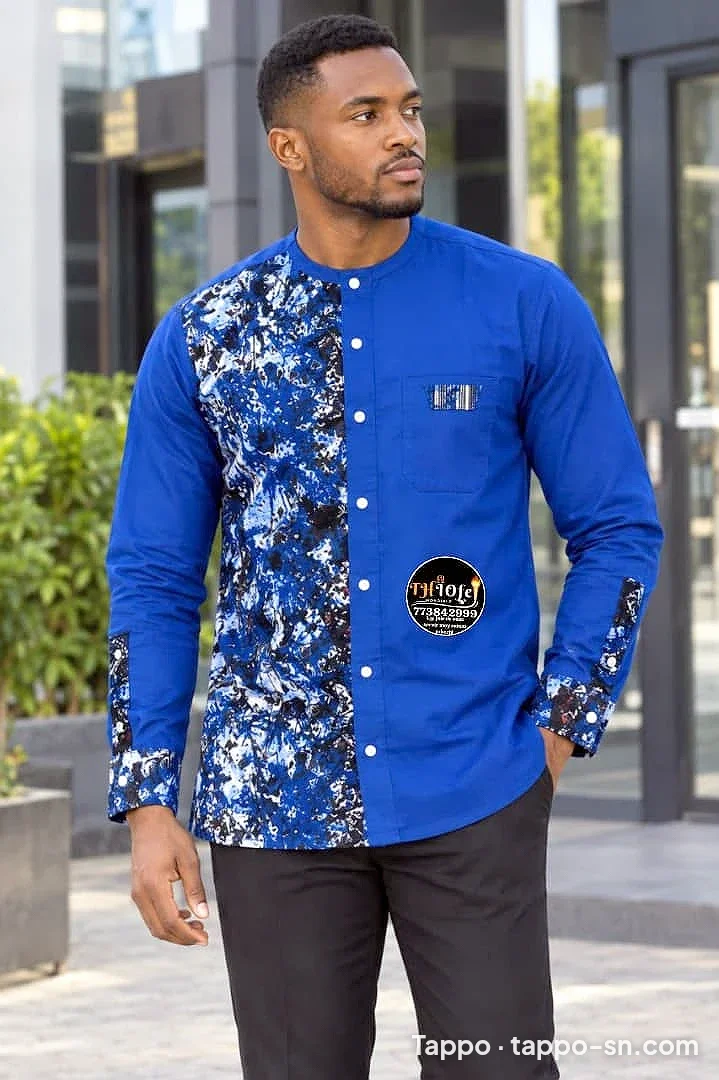 Chemise homme manches longues bleue motifs à vendre à Dakar – photo 1