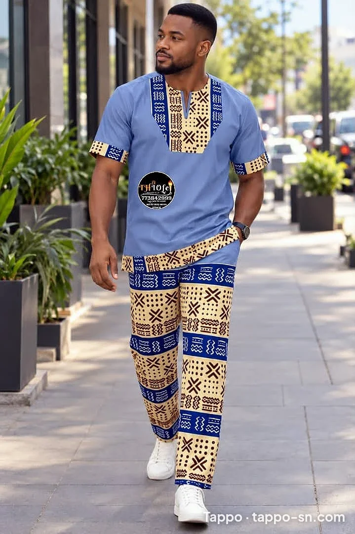 Ensemble haut et pantalon motifs traditionnels bleu à vendre à Dakar – photo 1