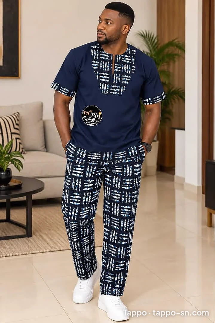Ensemble homme bleu motifs traditionnels manches courtes à vendre à Dakar – photo 1