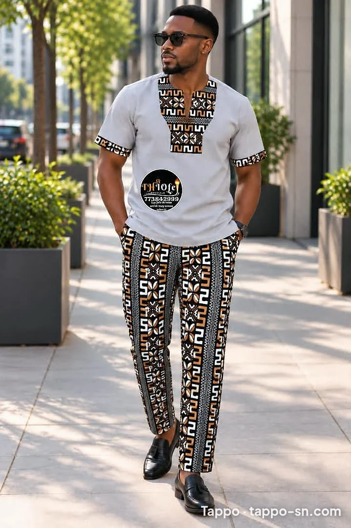 Ensemble homme gris et motifs traditionnels à vendre à Dakar – photo 1