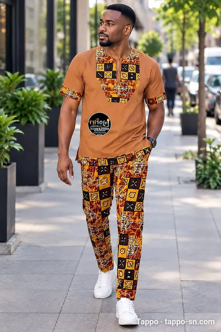 Ensemble homme haut et pantalon marron et motifs à vendre à Dakar – photo 1